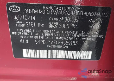2015 Hyundai Elantra Se from USA, damaged, VIN 5NPDH4AE0FH559183